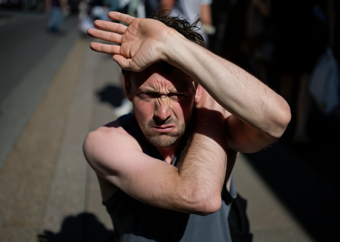 Мужчина сидит на асфальте и закрывает лицо от солнечного света